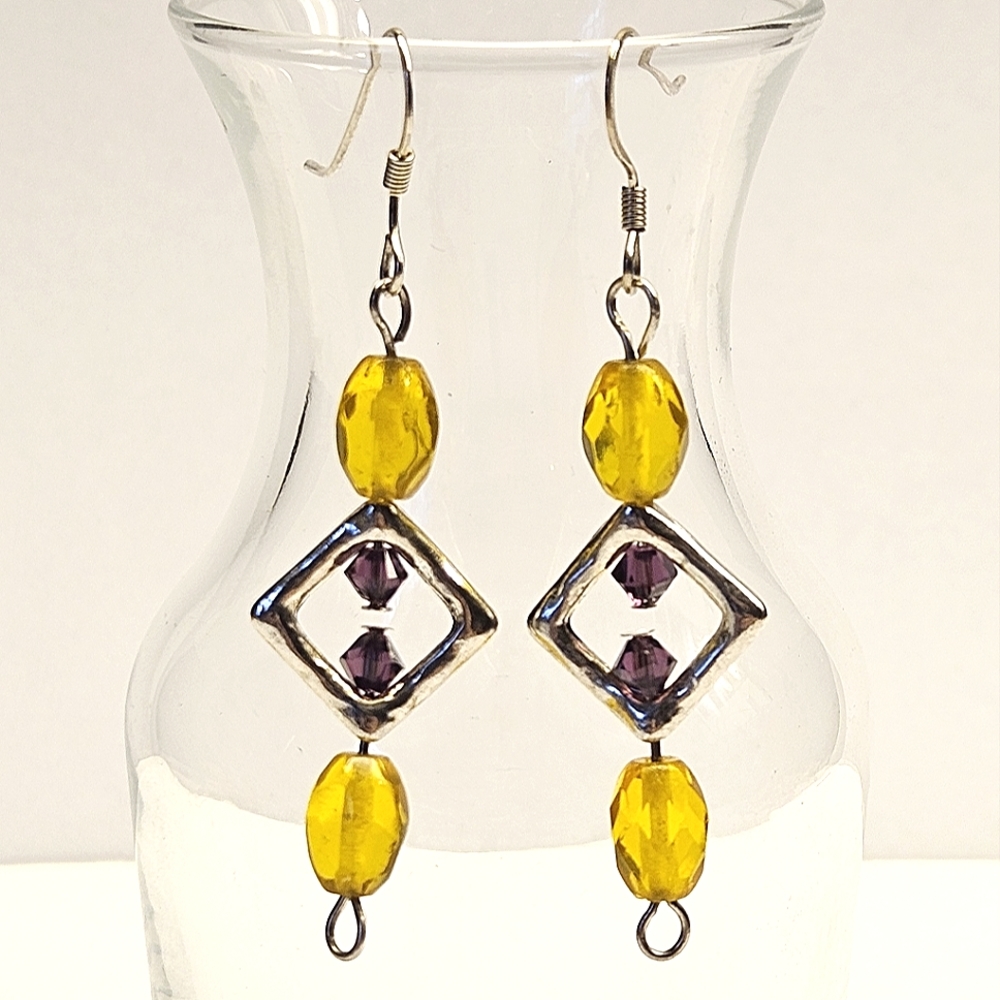 Yellow and Purple Beaded Earrings